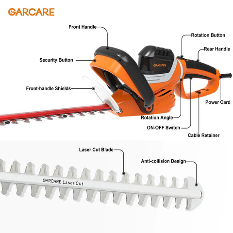 Electric Hedge Trimmer With Corded Power, 4.8 Amp, 24 Inch Dual Action Laser Blade features labeled parts and safety design