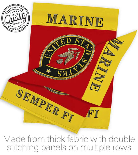 Semper Fi Two Sided Garden Flag For Lawn And House Decor 13 By 18.5 Inches Weatherproof Polyester Banner For Marine Corps Veterans Made In USA Two Sided Print Fade Resistant with Marine Corps emblem.