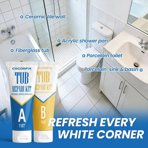 Pro Grade Tub And Sink Repair Kit White For Acrylic Enamel Fiberglass Surfaces in a bathroom with tub and sink visible