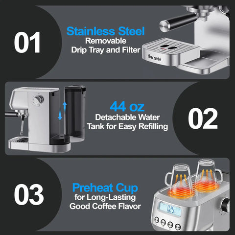 Total Game Changer 20 Bar Espresso Maker With Sleek LCD Display And Bulletproof Milk Frother Fully Adjustable Temp For Silky Lattes Premium Stainless Steel Countertop Brew Station For Real Coffee Fans features removable drip tray, 44 oz water tank, and preheat cup.