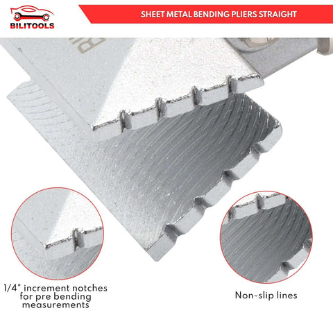 Close-up of 3 Inch Hand Seamer for Sheet Metal with 80 mm jaw width and 34 mm depth, showcasing non-slip lines and measurement notches.