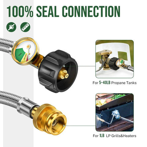 12 Foot Propane Hose Adapter With Gauge For 1lb To 20lb Tanks Anti Bite LP Gas Line For Weber Q Grills Coleman Stoves