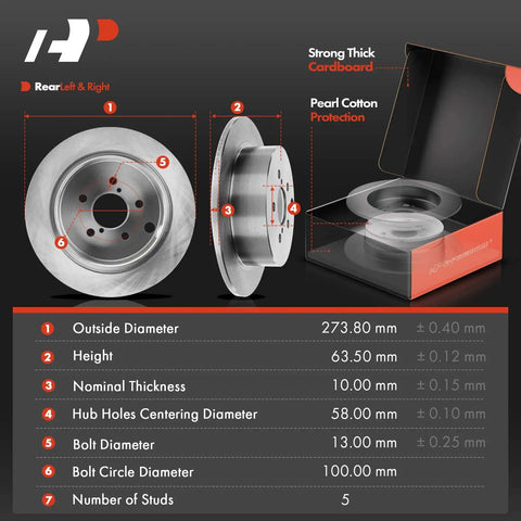 10.78 Inch Rear Solid Disc Brake Rotors And Ceramic Pads Kit For Subaru dimensions diagram and packaging