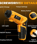 Detailed view of Heavy Duty 4V Cordless Electric Screwdriver Set Featuring 46 Precision Driver Bits with torque settings and LED light.
