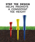 PTS Step Tees 50 Count 2 3/4 Inch Wood Golf Tees With Depth Control in red, yellow, and blue on grass background