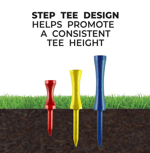 PTS Step Tees 50 Count 2 3/4 Inch Wood Golf Tees With Depth Control in red, yellow, and blue on grass background
