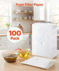 No Sweat Heavy Duty 100 Pack Deep Fryer Filter Papers For Commercial Kitchens 15 By 13 Inch Disposable oil strainer sheets with oil samples.