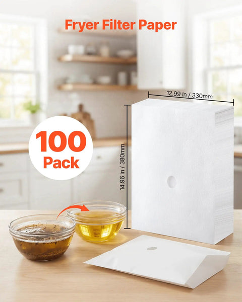 No Sweat Heavy Duty 100 Pack Deep Fryer Filter Papers For Commercial Kitchens 15 By 13 Inch Disposable oil strainer sheets with oil samples.