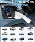 Portable J1772 Electric Vehicle Charger Packs Reliable Level 1 And Level 2 Charging Up To 16 Amps With A 16 Foot Cord Tesla Adapter and Nema plugs for various EV brands.