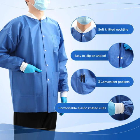 10 Pack Disposable Lab Jackets Large For Men And Women Blue With Knit Cuffs And Collar, Three Pockets, SMS Fluid Resistant Medical Attire