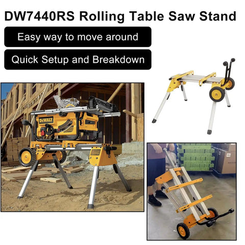 Rolling Table Saw Stand Built For Heavy Duty Jobs, showing DW744 saw on stand with wheels and foldable design on job site.