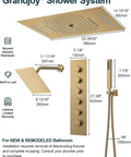 GRANDJOY 23" LED Shower System with Handheld Spray, Brushed Gold, 23" stainless steel head with controls and hose.