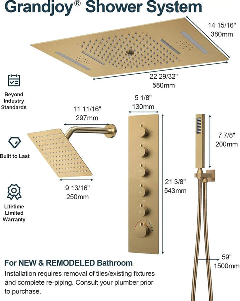 GRANDJOY 23" LED Shower System with Handheld Spray, Brushed Gold, 23" stainless steel head with controls and hose.