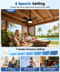 NWOP 20 Inch Outdoor Ceiling Fan with Light, 5 Blade Remote Fan in a cozy patio setting showing speed options.