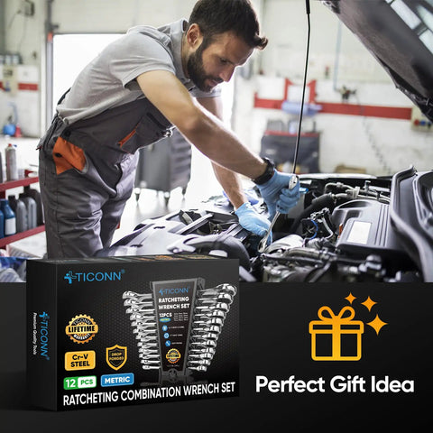 Ratcheting Wrench Set With Slim Organizer Rack 12 Piece Metric Wrenches in use by mechanic in garage with gift suggestion
