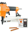 Lightweight 23 Gauge Pneumatic Headless Pin Nailer Kit With 10000 Pins, 1/2 Inch To 1-3/16 Inch Pin Length, DIY Friendly For Furniture Cabinets And Interior Decor, Compact Air Tool With Safety displayed next to pin nails package and pins.
