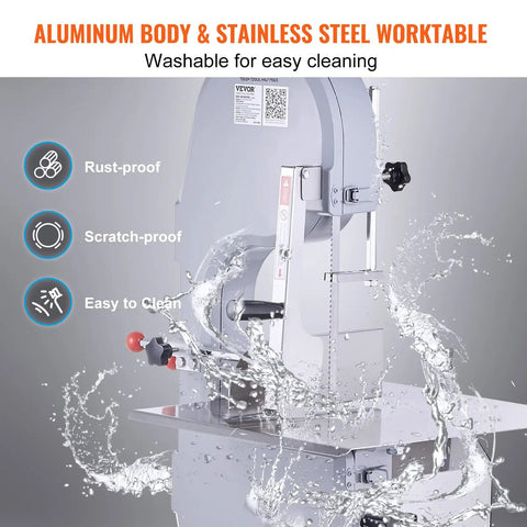 Beast 1500W Stainless Steel Meat Bandsaw For Home Butchering with water for easy cleaning, aluminum body, and worktable.