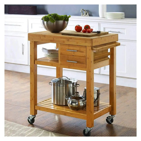 Slick Rolling Kitchen Island Cart With Thick Butcher Block Top Deep Storage Drawers Roomy Open Shelves Handy Towel Rail And Smooth Glide Locking Casters For Stress Free Hosting Prep