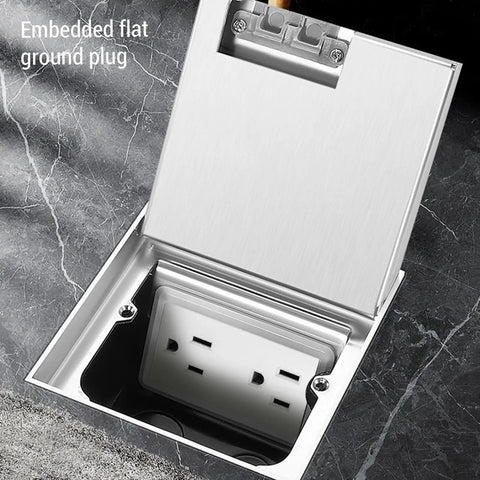 Slick Silver Recessed Floor Electrical Outlet Kit With Built In Sealing Loop For Tile And Marble Floors shows open stainless steel cover.