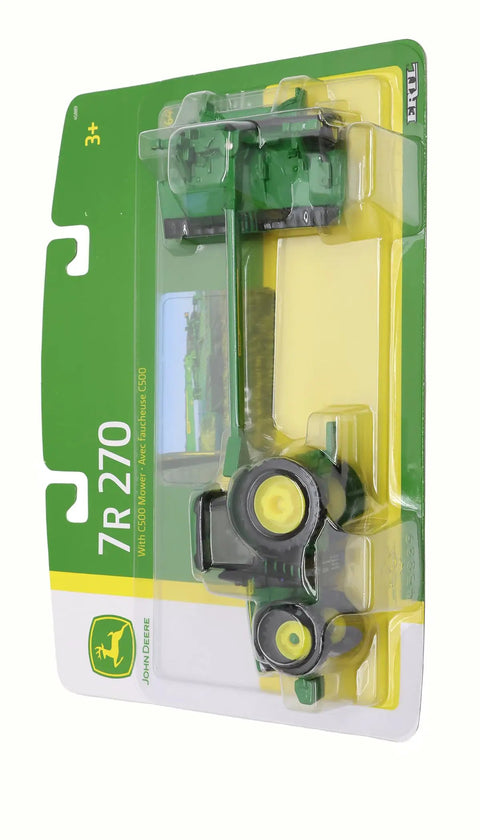 One Sixty Fourth Scale 7R 270 Tractor With C500 Mower Set Toy in packaging, realistic diecast model for collectors and kids.