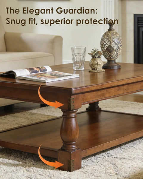 Built Like A Tank Solid Brass Wall Corner Guards Heavy Duty Bronze Baseboard Edge Protectors Rust Resistant Furniture Scuff Shields 16 Pack Quick Install Hardware Included shown on a wooden coffee table corner.