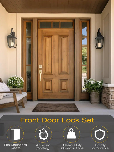 Front exterior door with Rock Solid Heavy Duty Square Entry Door Handle And Single Cylinder Deadbolt Lock Set With Key in Satin Brass Finish