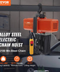 VEVOR 1100 lb electric chain hoist with orange housing and 10 ft wired remote.