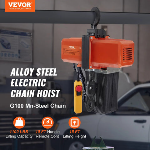 VEVOR 1100 lb electric chain hoist with orange housing and 10 ft wired remote.