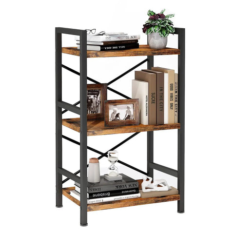 3 Tier Industrial Metal Bookcase With Rustic Brown Finish in living room, Etagere style storage shelf with books and decor, patent pending