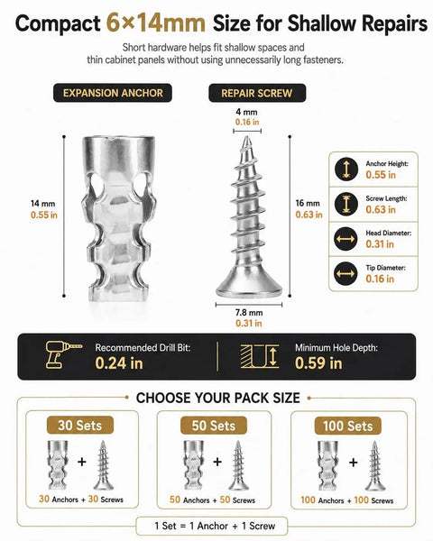 Heavy Duty 6×14mm Door Hinge Thread Repair Screws Kit To Fix Wobbly Cabinet Doors Sagging Hardware Fast Without Replacing Shelves For A Secure Tight Fit, 6x14mm metal anchor and screw size chart