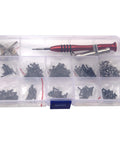260 Piece RC Car Repair Kit With M2 And M2.5 Fasteners Bolts Hex Wrenches, arranged in transparent box with screwdriver shown