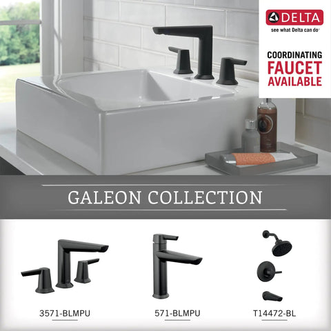 Galeon Collection bathroom set with matte black faucets and soap dish, sink with sleek design and coordinating faucet available