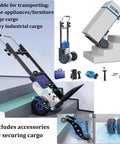 Heavy Duty Electric Stair Climbing Dolly With 551 Lb Load Capacity For Super Smooth Lifting Easy Moving And Heavy Delivery Tasks To Save Your Back And Crush Warehouse Or Upstairs Moves Without The Grind, shown on stairs with accessories.