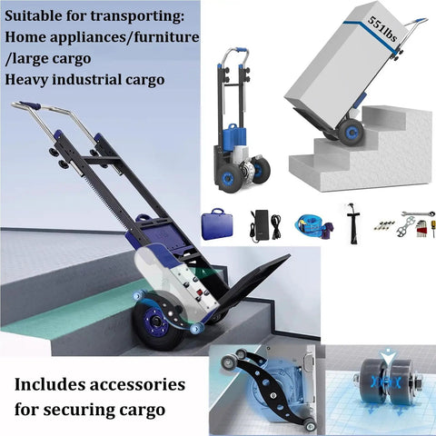 Heavy Duty Electric Stair Climbing Dolly With 551 Lb Load Capacity For Super Smooth Lifting Easy Moving And Heavy Delivery Tasks To Save Your Back And Crush Warehouse Or Upstairs Moves Without The Grind, shown on stairs with accessories.