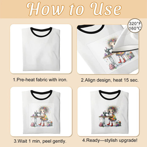 Instructions for using Iron On Transfers Set With 6 Sheets Quirky DTF Transfers Ready To Press Heat Vinyl Decals on T-shirts