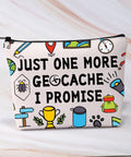 Just One More Geocache I Promise Makeup Bag with icons for geocachers, outdoor lovers travel pouch.