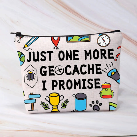 Just One More Geocache I Promise Makeup Bag with icons for geocachers, outdoor lovers travel pouch.