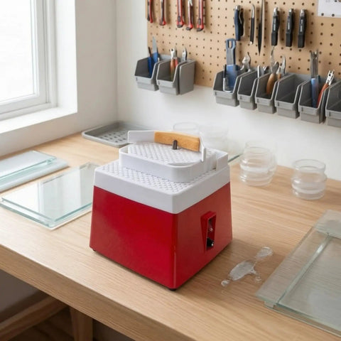 Sleek Compact Electric Grinding Machine And Polisher Shaper With Vertical Spindle for hobby work on a wooden table.