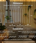 Diagram showing 300 LED Curtain Lights With Remote Control for Indoor Outdoor Use Warm White Fairy String Lights dimensions and installation.