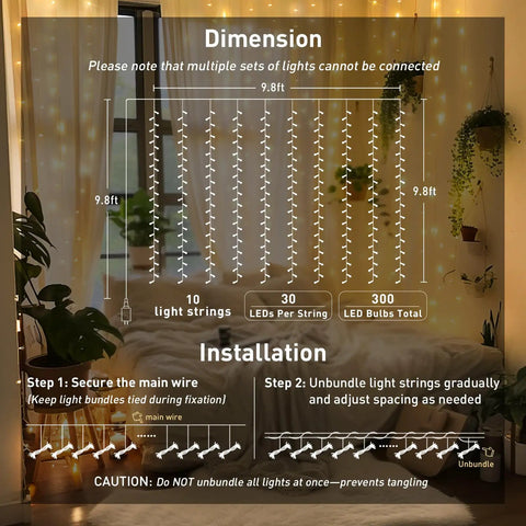 Diagram showing 300 LED Curtain Lights With Remote Control for Indoor Outdoor Use Warm White Fairy String Lights dimensions and installation.