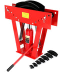 16 Ton Manual Hydraulic Pipe Bender With Eight Included Dies For Copper Tubing And Steel Piping on a red 45 steel frame.