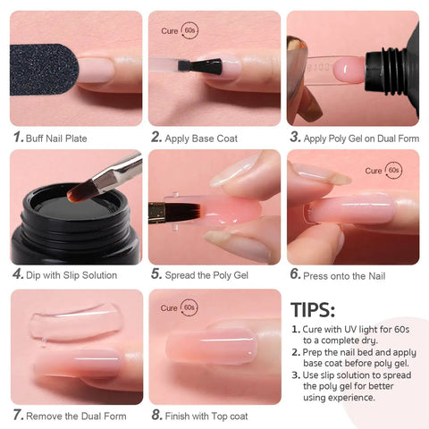 Step-by-step poly gel application from Poly Gel Nail Kit With UV Light Starter Kit For Beginners 6 Pcs Builder Gel Extension Set