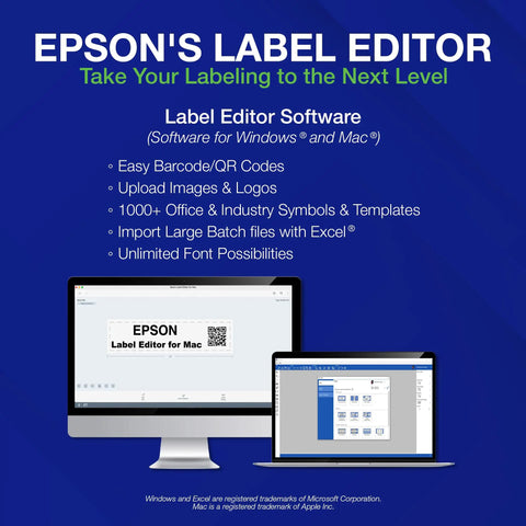 Epson's Label Editor Software for Mac displayed on desktop and laptop screens, showcasing labeling features and interface.