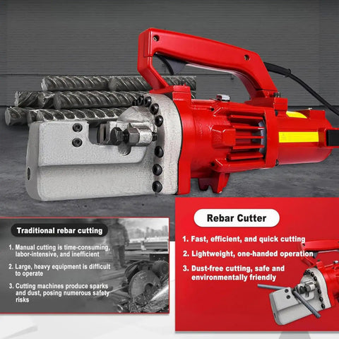 Close-up of Huge Power Electric Hydraulic Rebar Cutter, Portable Steel Iron Rod Cutting Tool with copper motor, cutting rebar.