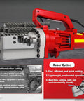Close-up of Hiedmeil 1700W Portable Hydraulic Rebar Cutter showing cutter blade and copper motor for steel bar cutting.