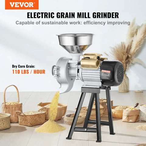 Electric Grain Mill Grinder 3000W 2 In 1 Wet And Dry Grinding With Funnel Feeder on table with grains, heavy duty design.