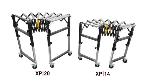 Laguna Xp 20 Inch Heavy Duty Flexible Roller Conveyor Table With Four Inch Locking Casters For Superior Stability And Easier Material Handling To Fit Most Bandsaws Smoothly on display next to Laguna XP14 model.