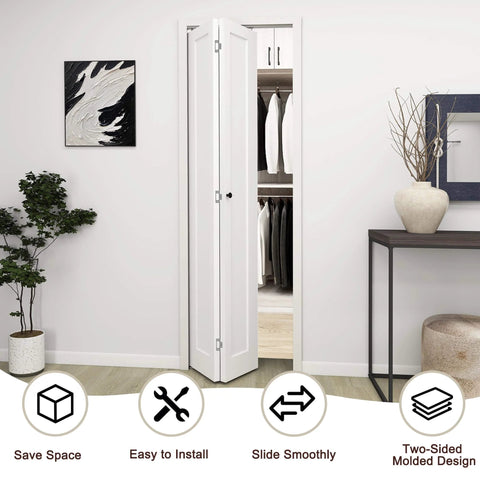 36 Inch By 80 Inch Bifold Barn Door With Hardware Kit White Primed Single Panel Shaker Style Interior Door installed in closet