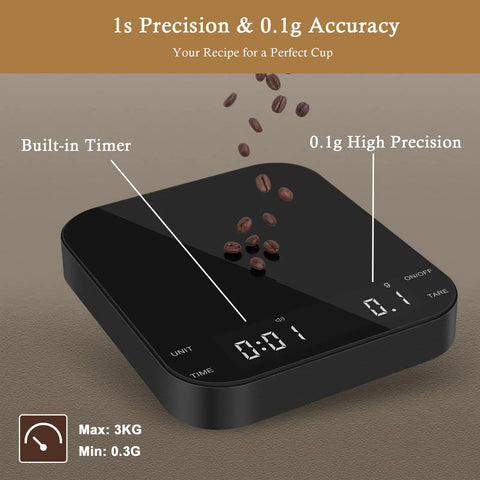 Digital Coffee Scale With Built In Timer 0.1g Precision To 3000g Rechargeable Espresso Scale with coffee beans on glass surface