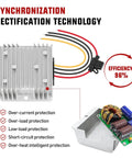 Heavy Duty DC To DC Step Down Converter image showcasing aluminum housing, wires, and efficiency details for automotive applications.